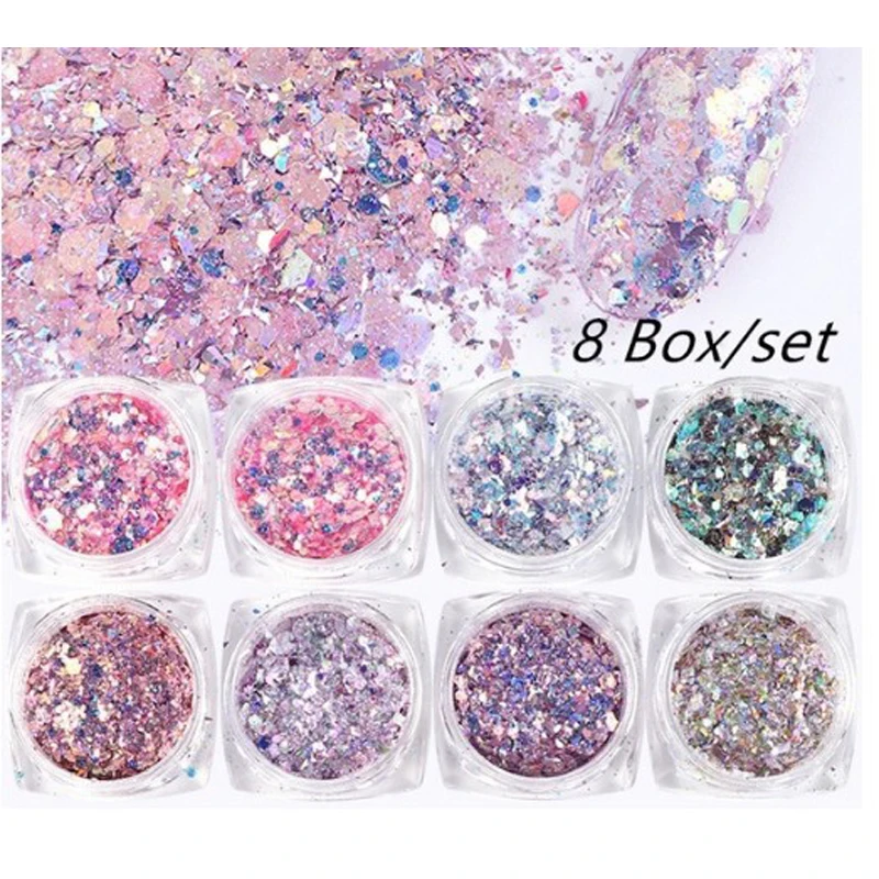 

8PCS/Set Fairy Eyes Symphony Sequins Hot Ladies Nail Accessories Bright Glitter Laser Sequins Glitter Powder Nail Accessories