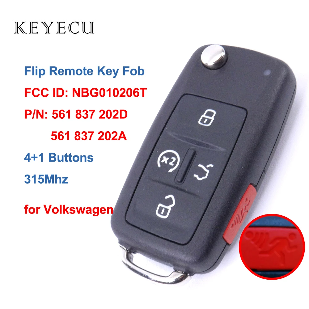 

Keyecu Flip Remote Car Key Fob 5 Buttons 315MHz for Volkswagen VW FCC ID: NBG010206T, P/N: 561 837 202 D, 561 837 202 A