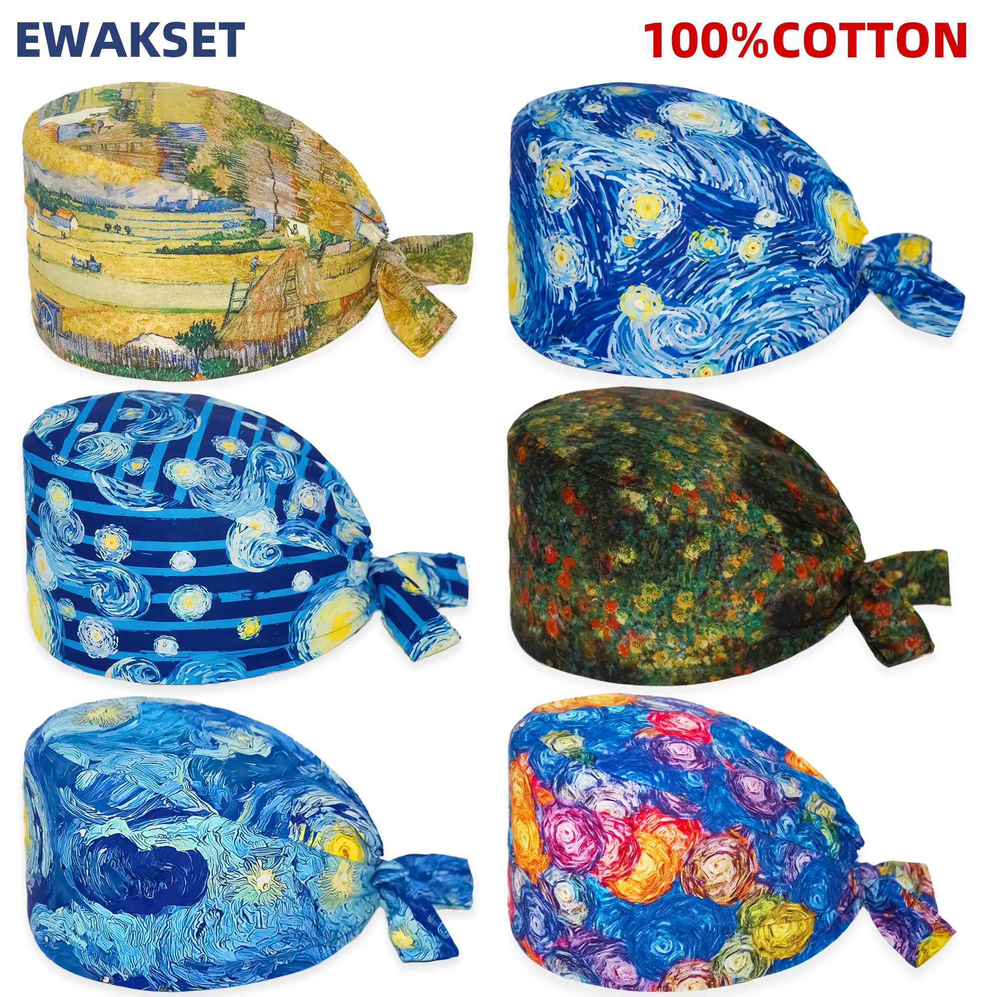 2021 Best Van Gogh Scrub Cap With Sweatband Elastic Band for Nurse Doctor Cotton Material Medical Hats Dental Clinic Vets Hats