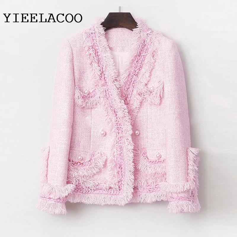 

Pink Tweed women Jacket v-neck Spring / Autumn women's jacket one-piece New Small Fragrance Burr ladies jacket coat