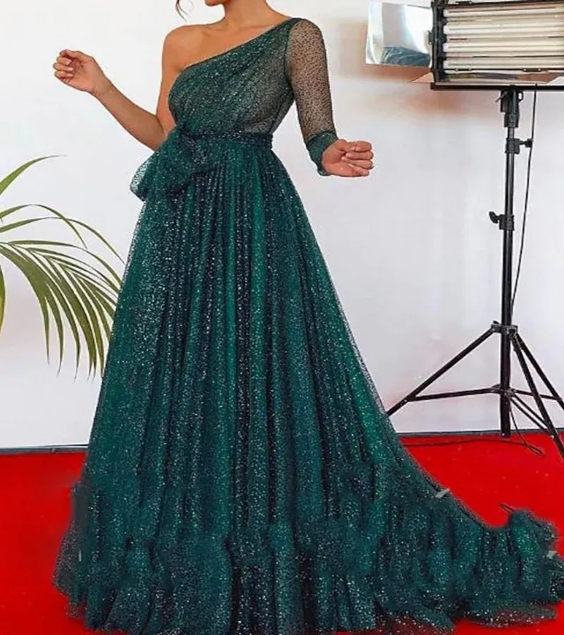 2025 Shine Formal Evening Dress One Shoulder Long Sleeeves Prom Party Gowns Hunter Green Robes De Soirée Customized