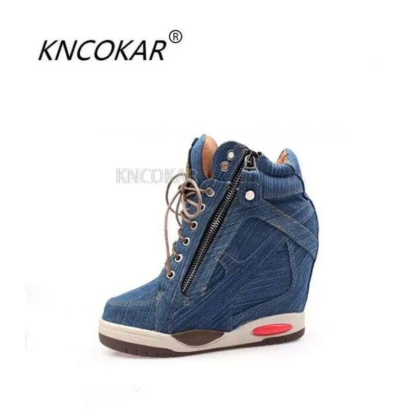 KNCOKA  Summer new style women comfortable wedge heel fashion simple denim canvas fish mouth open toe single shoe