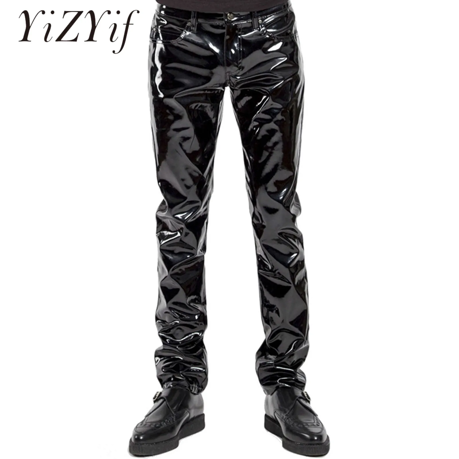 Black Patent Leather Motor Pants Glossy Mid Waist Straight Trousers for Men Wet Look Rave Clubwear for Pole Dancing