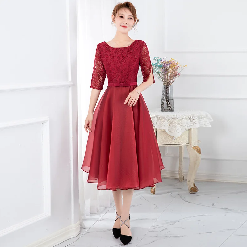 Wine Red Evening Dress 2021 New Fashion Illusion Half Sleeve a Line Lace Bridesmaid Dresses O-neck Banquet Party Dress