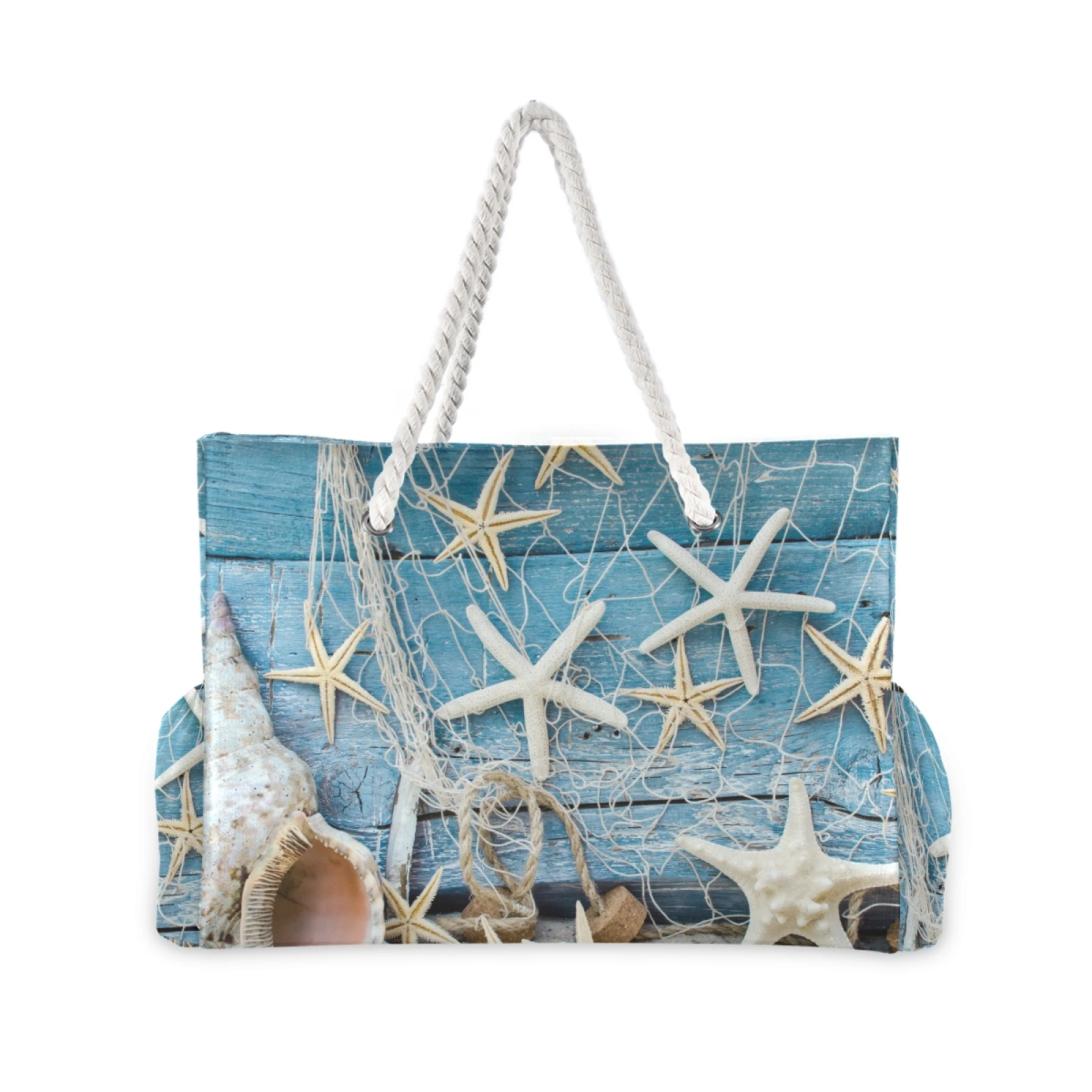 New Ladies Shoulder Bag Blue Ocean Seashell Beach Sand Prints Tote Shopping Bag Linen Fabric Beautiful Casual Practical Handbag