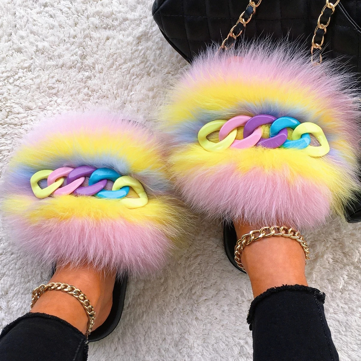 Real Fox Fur Slippers Fluffy Flip Flops Shiny Chain Furry Fur Slides Plush House Slippers Women Beach Flat Sandals Summer Shoes