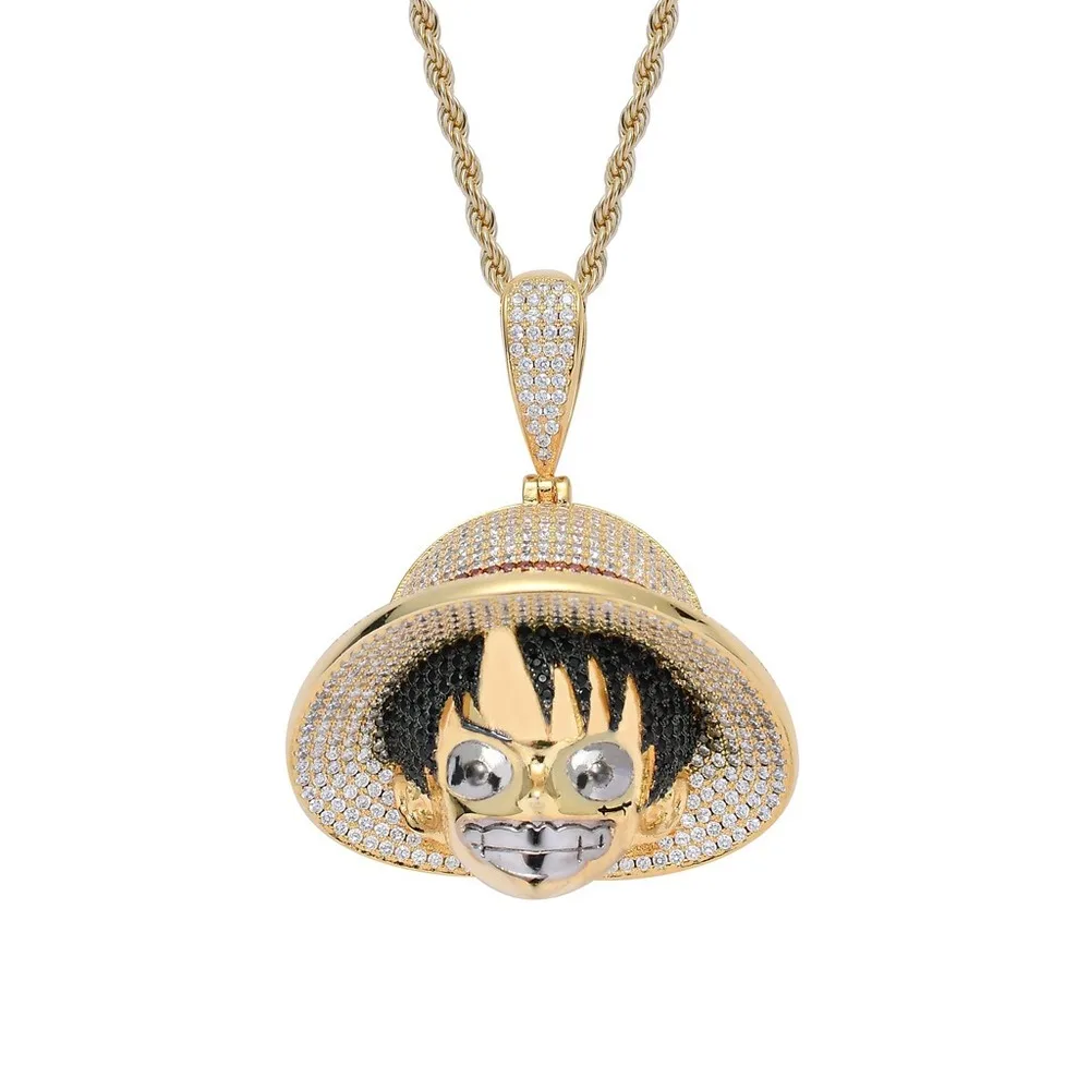 18K Gold Plated Fully Iced Out CZ Simulated Diamond Chain One Piece Luffy Hip Hop Pendent Necklace for Men Women