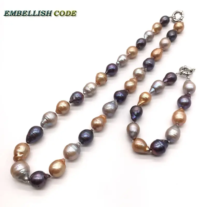 12mm*16mm Mixed Colour Tissue Nucleated Flame Ball Pear Shape Baroque Statement Necklace Bracelet Set Groove Ring Natural Pearls