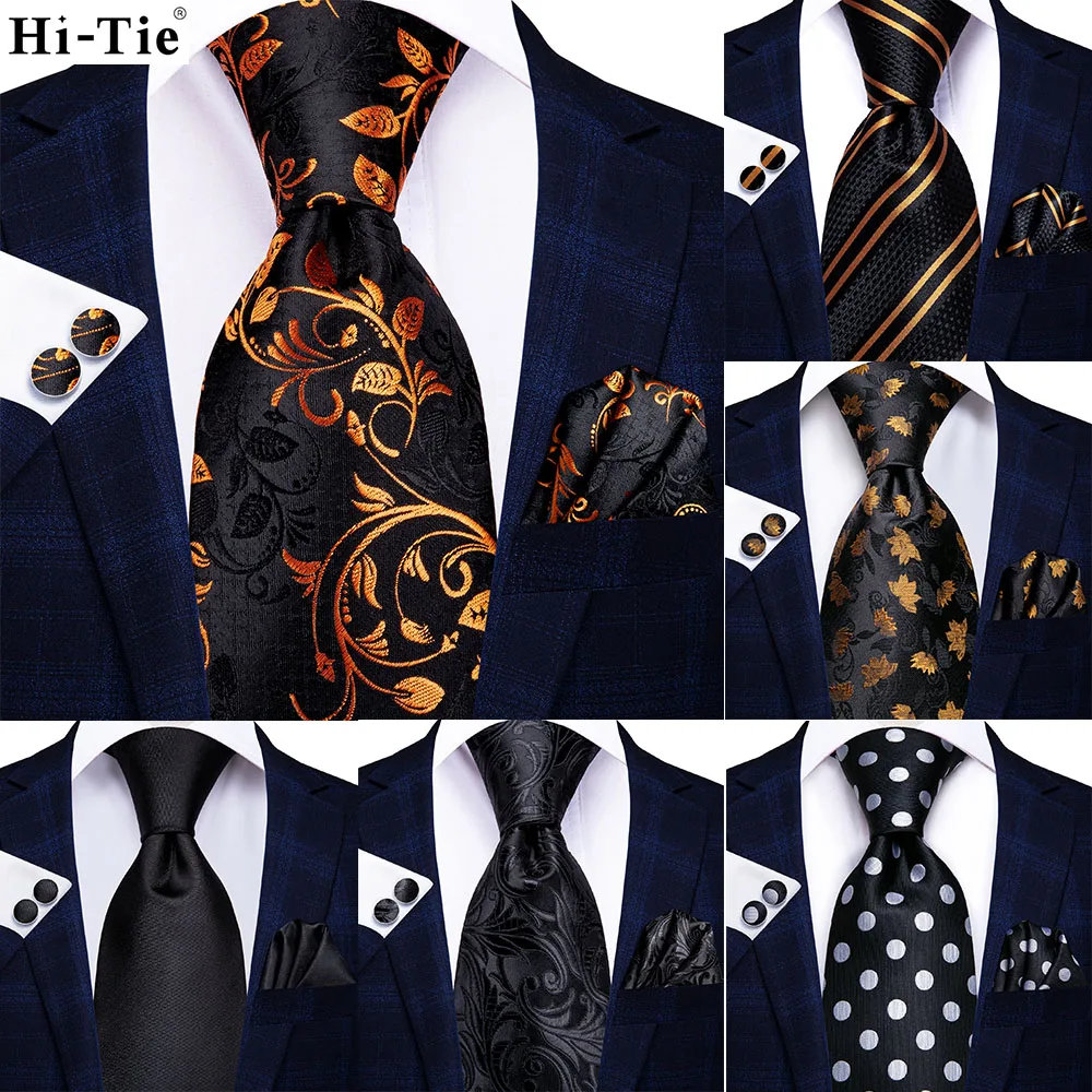 Hi-tie Black Gold Solid Silk Wedding Tie For Men Hanky Cufflink Gift Men Necktie Gravata Set Fashion Design Business Dropshiping