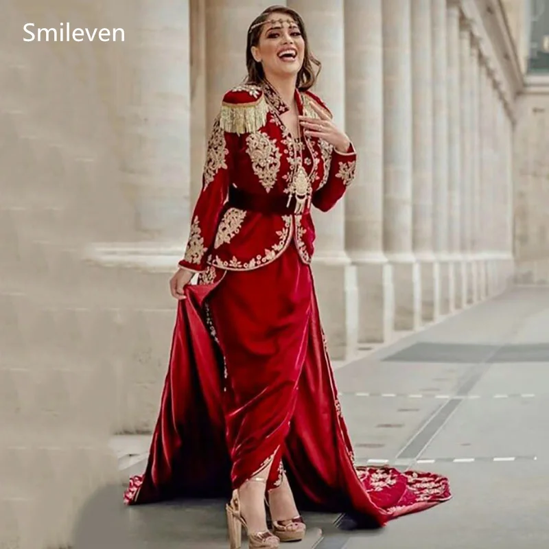 Smileven Luxury Red Dubai Abaya Evening Dresses Velvet Elegant Karakou Algerian Dresses Lace Evening Party Gowns