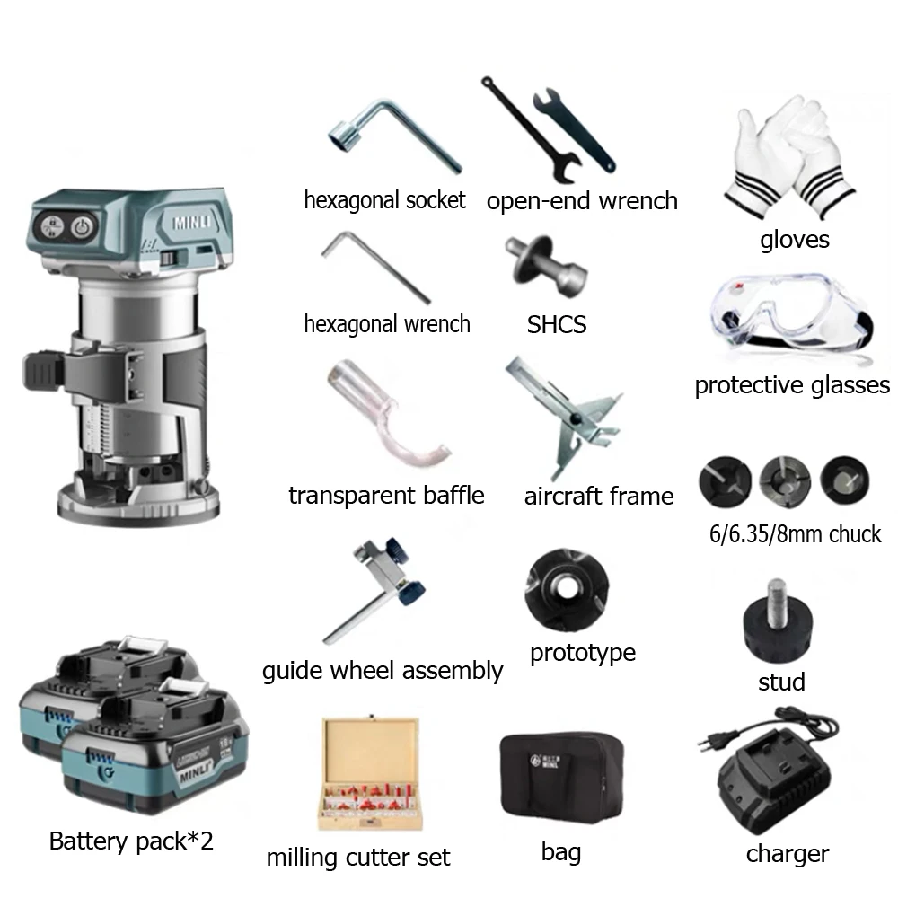 Multifunctional Woodworking Trimming Machine Plank Slotting Tool Brushless Motor Woodworking Drilling Engraving Machine Set