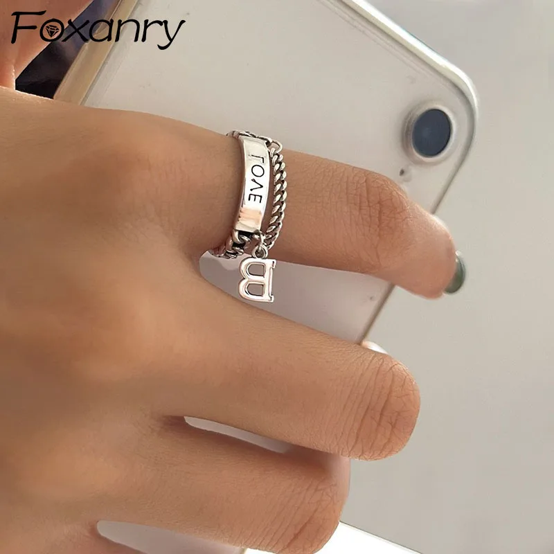 FOXANRY Silver Color Couples Rings Vintage Accessories Fashion Punk Creative LOVE Chain Tassel Thai Silver Party Jewelry