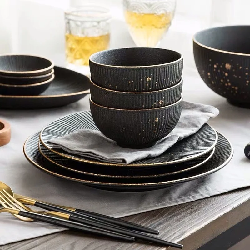 Luxury Golden Border Porcelain Dinner Plate Black Striped Ceramic Dishes Household Tableware Set Hotel Restaurant Plate Bowl New