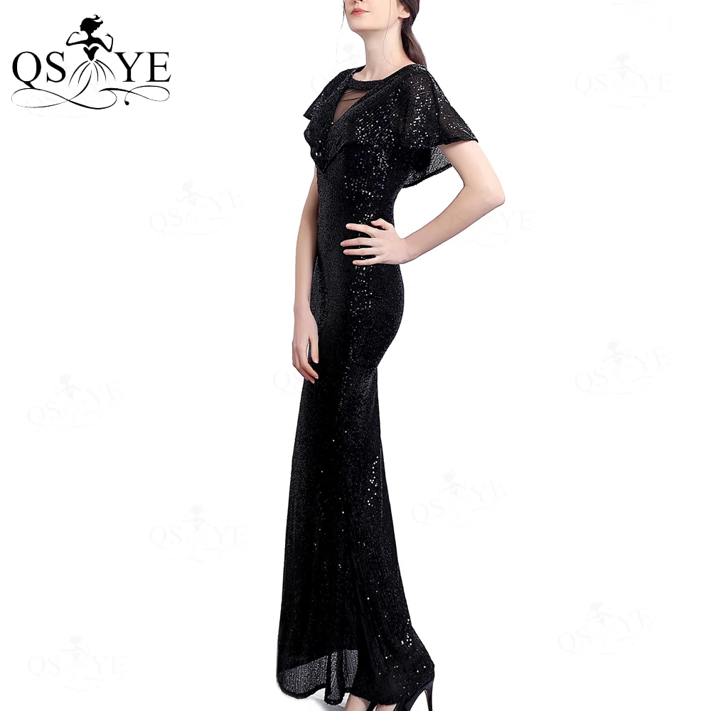 Unique Neck Black Evening Dresses Mermaid Cap Sleeves Long Evening Gown Elegant Glitter Open V Back Formal Party Dress Fitted