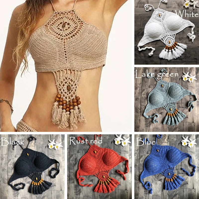 Bikini Top 2019 Push Up bandaż biustonosz Bikini Halter strój kąpielowy w stylu retro solidna robota szydełkowa frędzle Top kobiety bielizna strój