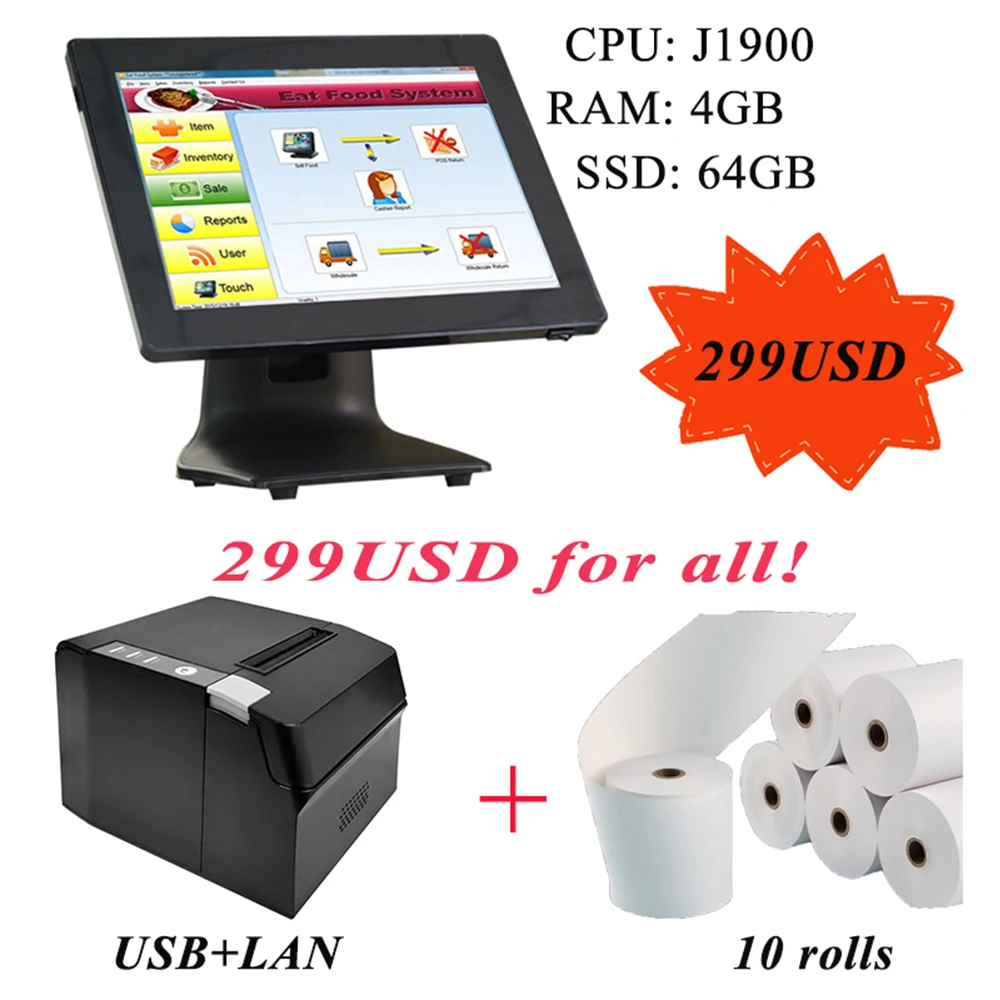 

ComPOSxb 15 inch pos processor J1900 ddr3 4gb ssd 64gb touch all in one pc with cash register 80 printer pos