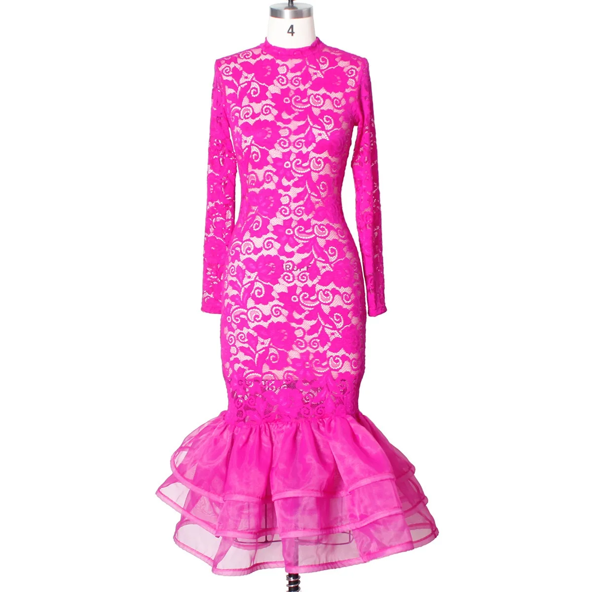 Vestido de fiesta de encaje Rosa Sexy para Mujer, vestido ajustado de sirena, manga larga, cintura alta, Vestidos de cena de noche elegantes