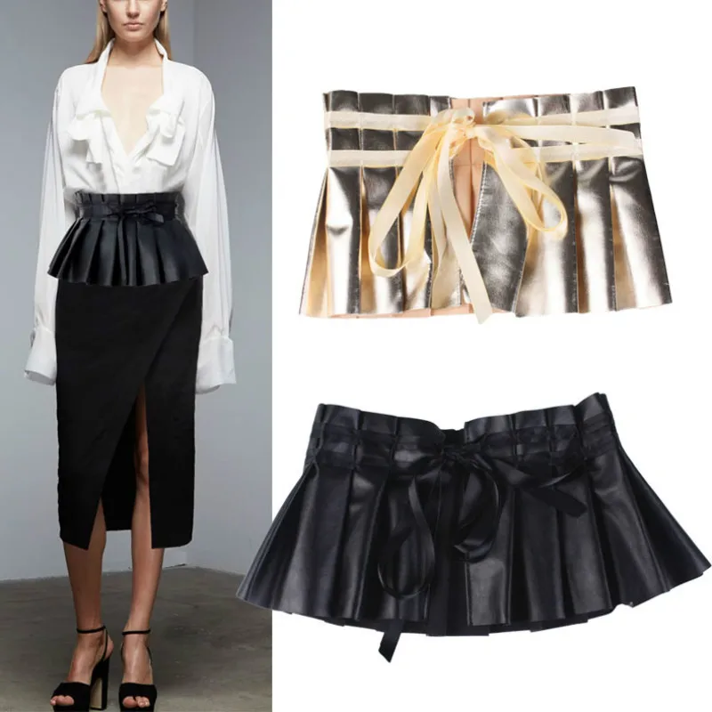 

Ladies wide waist seal Skirt Pleated Ruffle Waistband Short Leather Lace Waist Binding Europe And America PU Belt Bind Knot