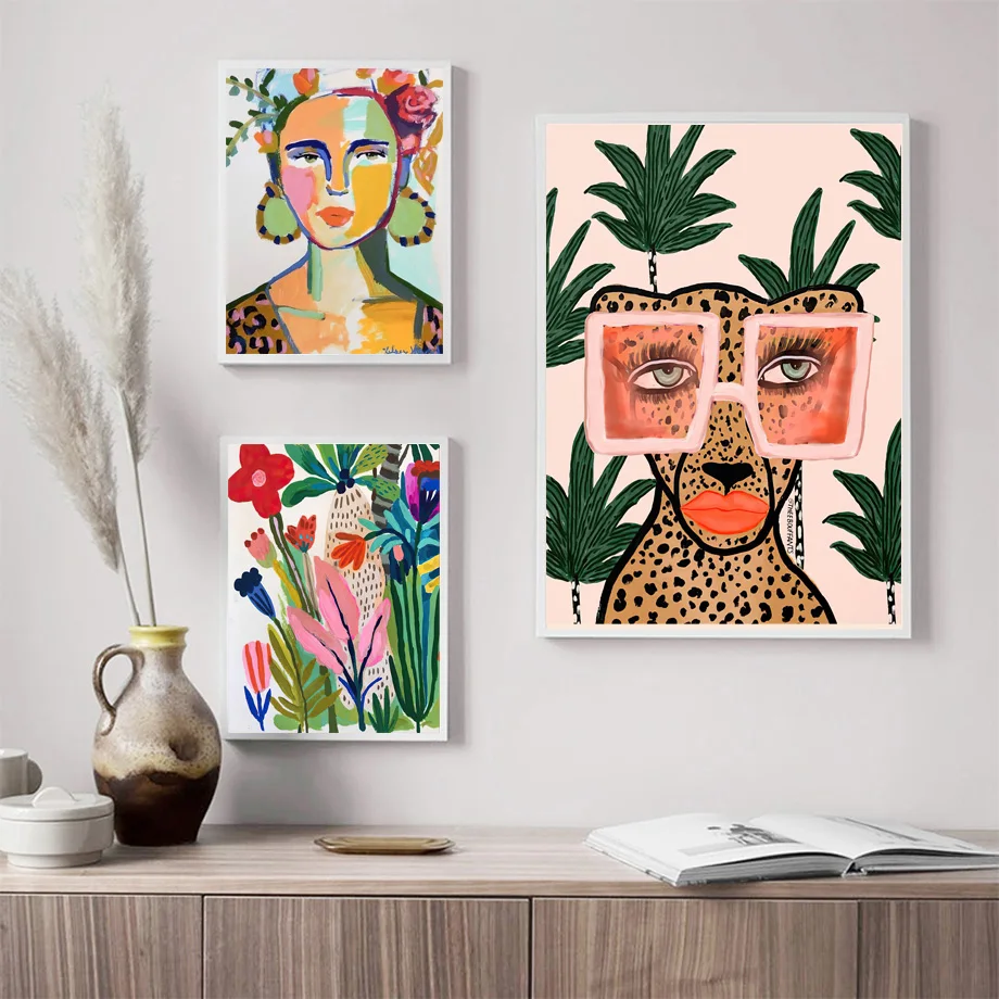 Abstract  Leopard Element Green Plant Wall Art Canvas Painting Fashion Holiday Style Poster For Livingroom Bedroom  Home Decor