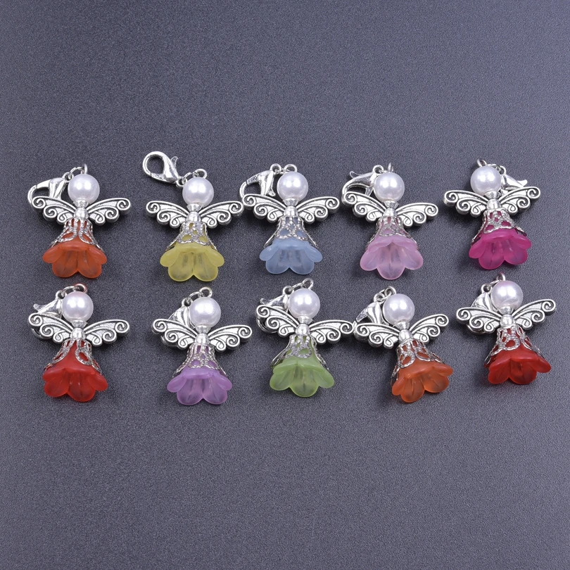 10pcs Angel Wings Charms For Jewelry Making DIY Keychain Resin Flower Fashion Pendant Mixed Colorful Accessories Lobster Clasp