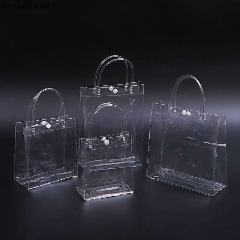 100pcs/lot Transparant PVC Gift Tote Packaging Bags With Handle Clear Plastic Handbag Fashion PVC Bags With Button