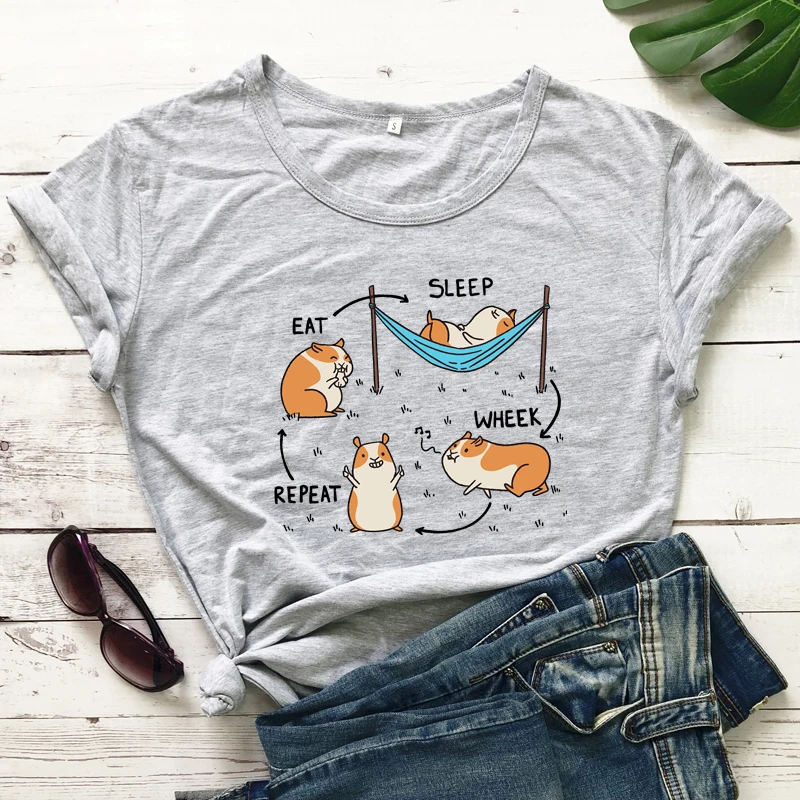 Colored Guinea Pig Eat Sleep Wheek Repeat T-shirt Cute Animal Lover Gift Tshirt Funny Women Hipster Graphic Tops Tees