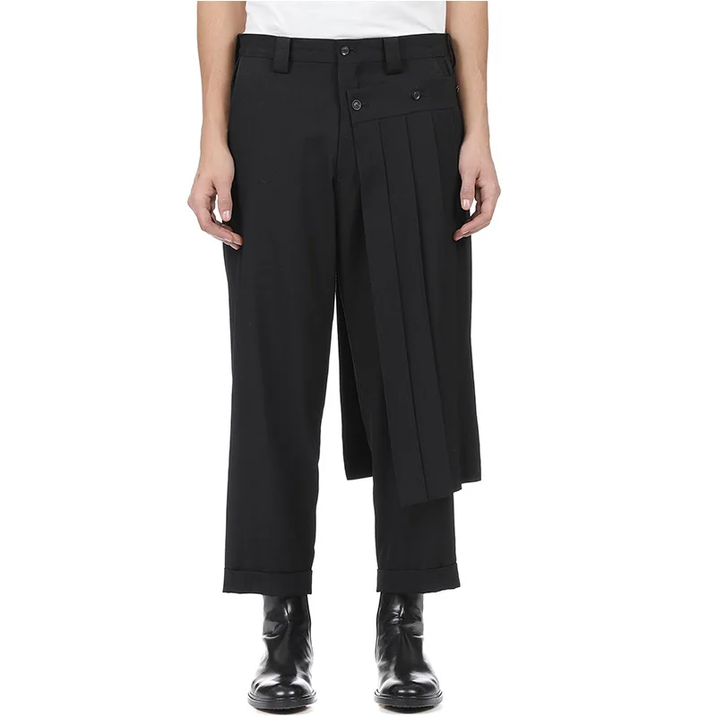 Men's new trend fashion designer asymmetrical culottes stacked with nine cropped tapered roller pants large straight pants