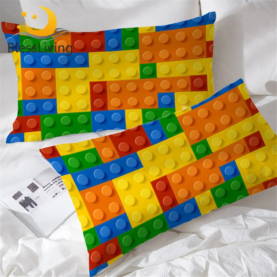 BlessLiving Toy Print Pillowcase Dot Building Blocks Pillow Case for Kids Colorful Bricks Game Home textiles Boys Pillow Cover