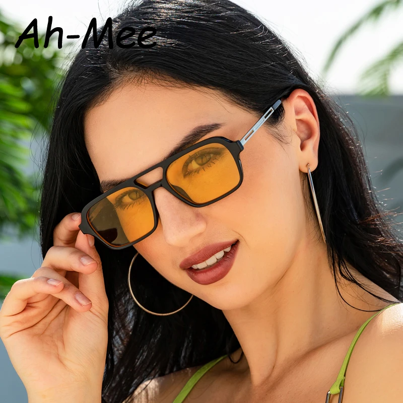 Fashion Square Sunglasses Women Men Brand Punk Small Frame Yellow Sun Glasses Female Retro Double Beam Metal Eyeglasses UV400