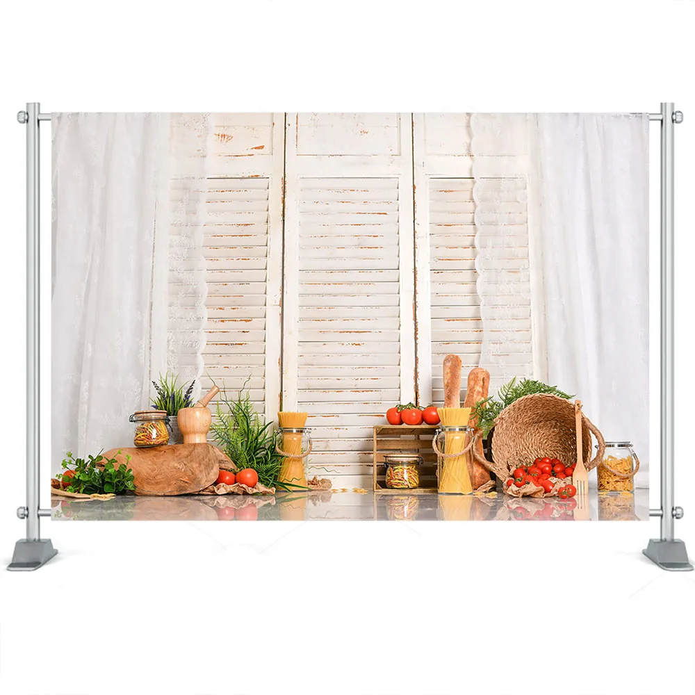 Mocsicka Wood window Photography Kitchen Photography Backdrop Basket vegetables Decorations white curtain Background Photobooth