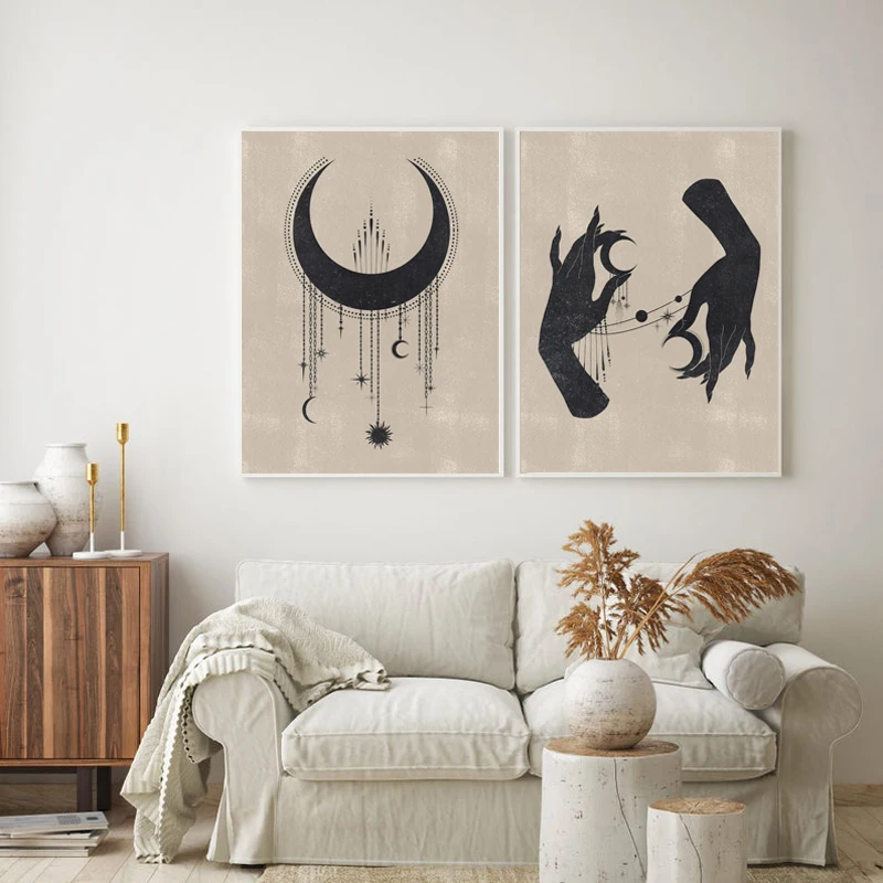 Celestial Canvas Painting Wall Pictures Abstract Minimalist Moon Phases Witchy Art Prints Living Room Gallery Boho Decor