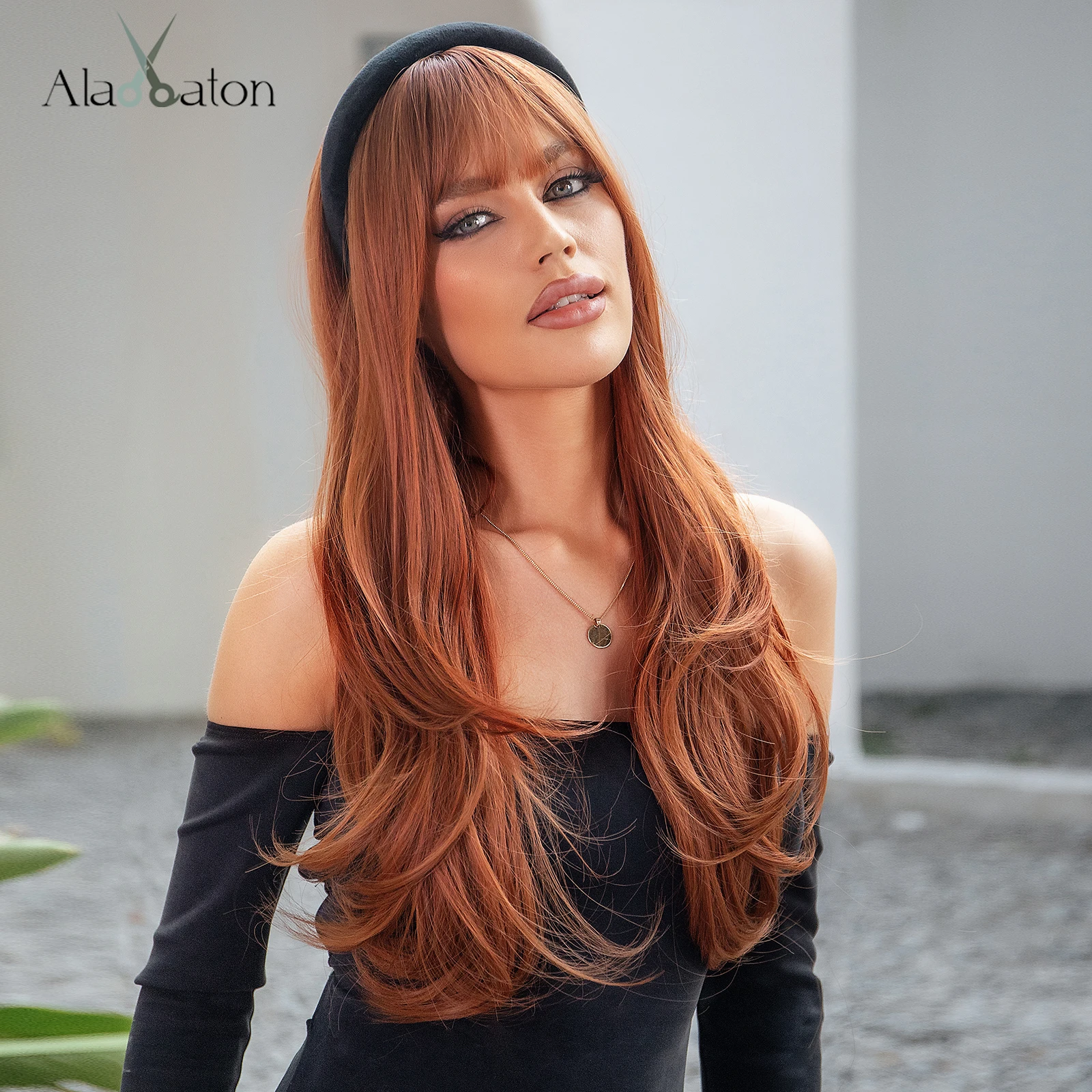 ALAN EATON Long Straight Synthetic Wigs for Women Red Brown Copper Ginger Wigs with Bangs Cosplay Daily Party Heat Resistant