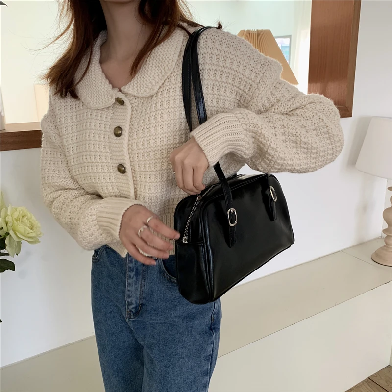 Fashion Green PU Leather Women Shoulder Bags Simple Design Solid Color Ladies Tote Handbags Vintage Black Female Underarm Bag