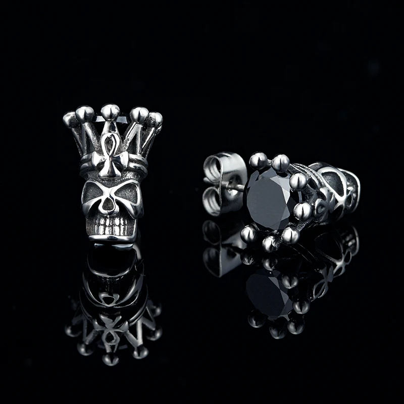 Men's Skull Crown Stainless Steel Earrings with Rhinestones Classic Vintage Hip Hop ear Jewelry for Bold, Unique Style Ear studs