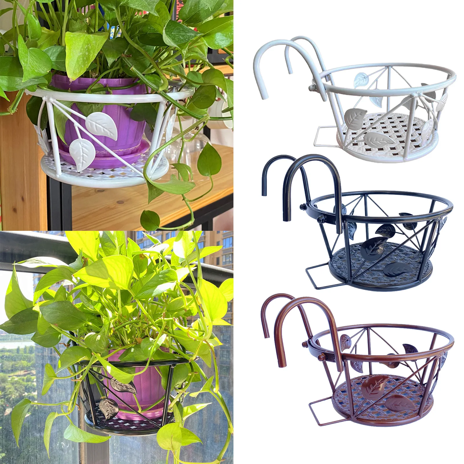 

Flower Pot for Balcony Railing Hanging Basket Holder The Rail Stand Round Planter Pot Rack for Home Garden Decor