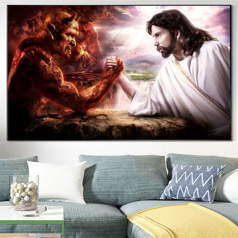 

God Jesus Vs Satan Devil Art Picture On Canvas Painting Poster And Prints Religion Wall Art Decoration For Christian Living Room