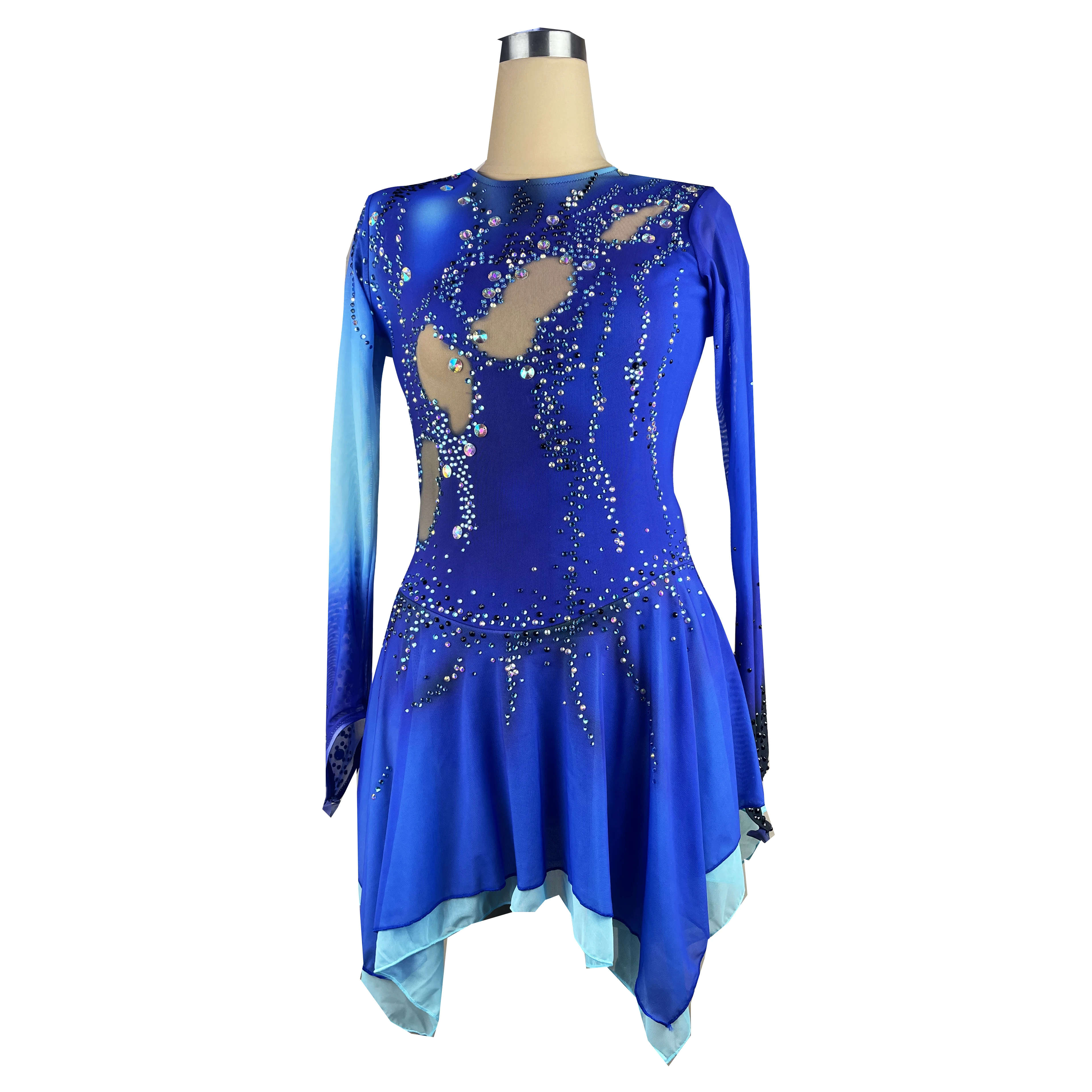 Blue Figure Skating Dress Long-Sleeved Ice Skating Skirt Spandex