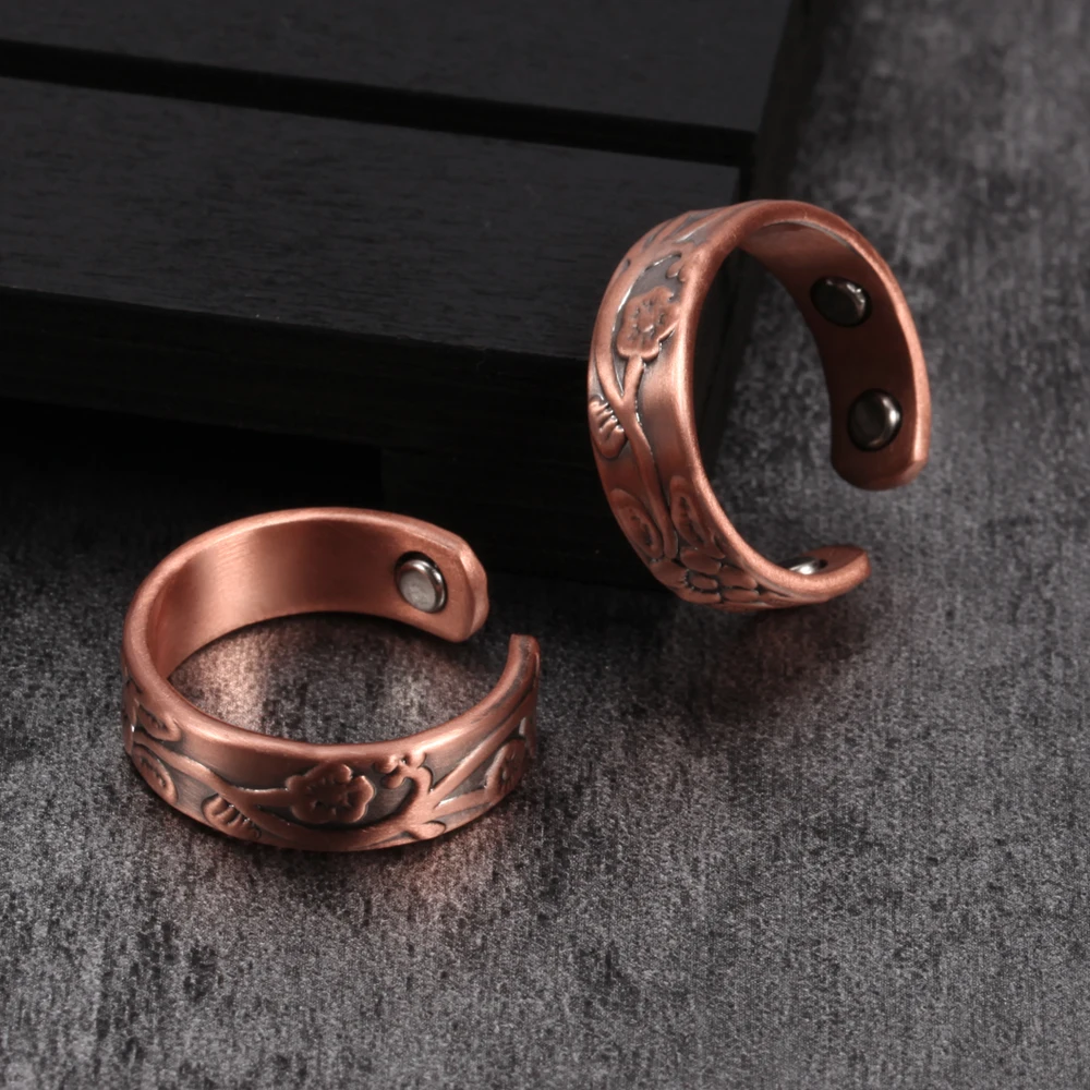 Flower Pure Copper Rings Women Magnetic 6mm Vintage Open Cuff Adjustable Wedding Bands Energy Finger Jewelry for Women Men