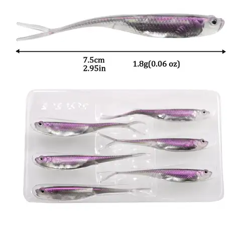 6pcs 소프트 저크 미끼 7.5cm 실리콘 낚시 미끼 소프트 웜 1.8g 고무 Swimbait 파이크 퍼치 잉어 낚시를위한 인공 미끼