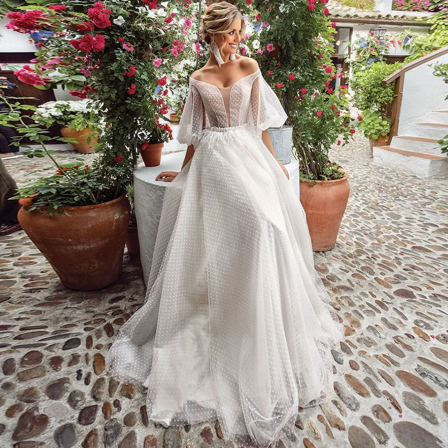 Abiti da sposa economici femminili eleganti 2021 punti Tulle manica A sbuffo abito da sposa una linea abito da sposa da spiaggia Vestido de Noiva