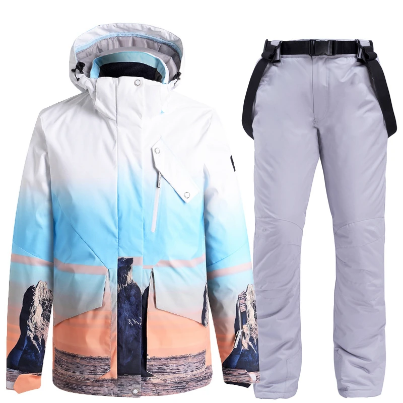 Ski Suit Women Colorful Hooded Raincoat Winter Warm Waterproof Snowboard Jacket Pants Set Outdoor Ski Coat + Strap Pants Bibs