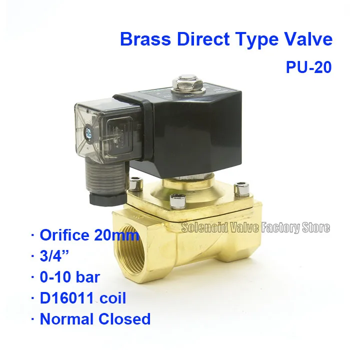 

2 Way Normal Close Pneumatic Brass Water Solenoid Valve PU-20 BSP Port G3/4" Low Pressure 0-10bar Orifice 20mm