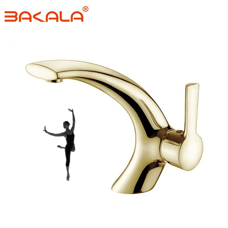 BAKALA Bathroom gold bathroom faucets Basin Faucet Gold finish Brass Mixer Tap with ceramic torneiras para banheiro F6141-2