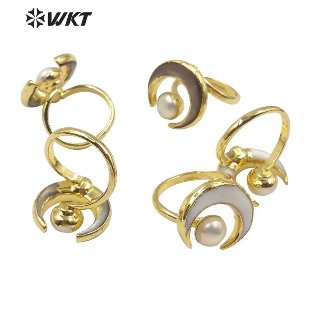 WT-R344 WKT Natural Pearl Ring Shell Ring Moon Shape Pearl ＆ Shell Gold Electroplated Ring Adjustable Women Fashion Ring Jewelry