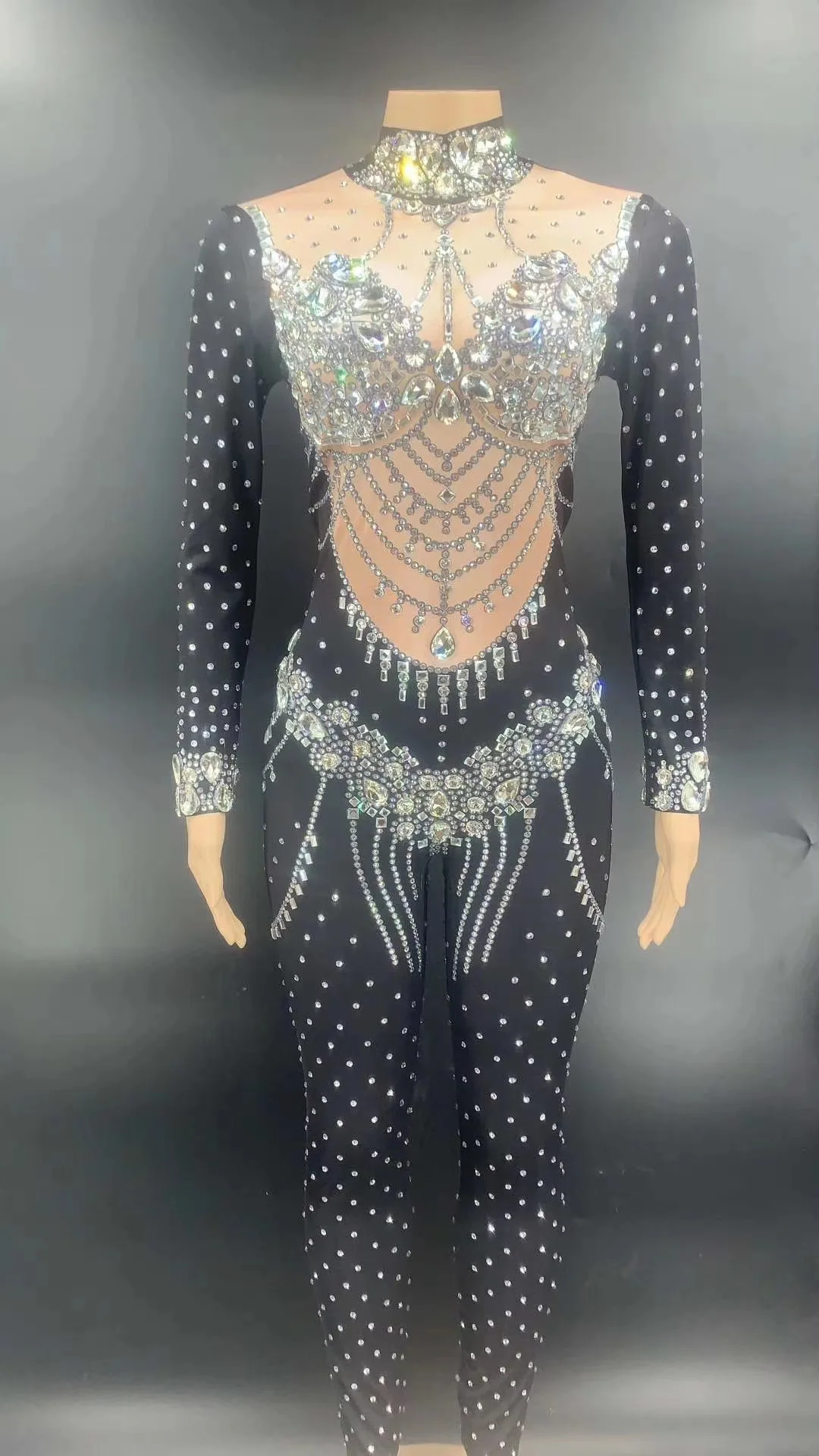New Sparkly Silver Crystals Chains Jumpsuit Black Stones Fringes Female Singer Evening Birthday Party Stage Sexy Jumpsuit
