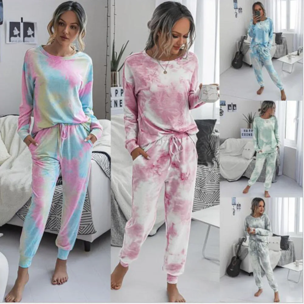 Women's Pajama Suits Casual Autumn Set Print Tie-dye Long Sleeve Shirt Tops And Loose Pants Tracksuit Two Piece Set Outfit 2020