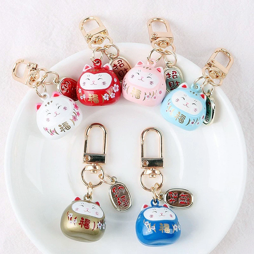 Cartoon Lucky Cat Keychain Japan Maneki Neko Trinkets Keyrings Car Bag Charm Ornaments Pendant Keyfob Couple Gift