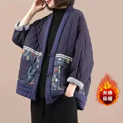 National Style Cotton And Linen Printed Jacket Women's Retro Disc Buckle Quilted Coat Fall Winter Mujer Chaqueta M2040