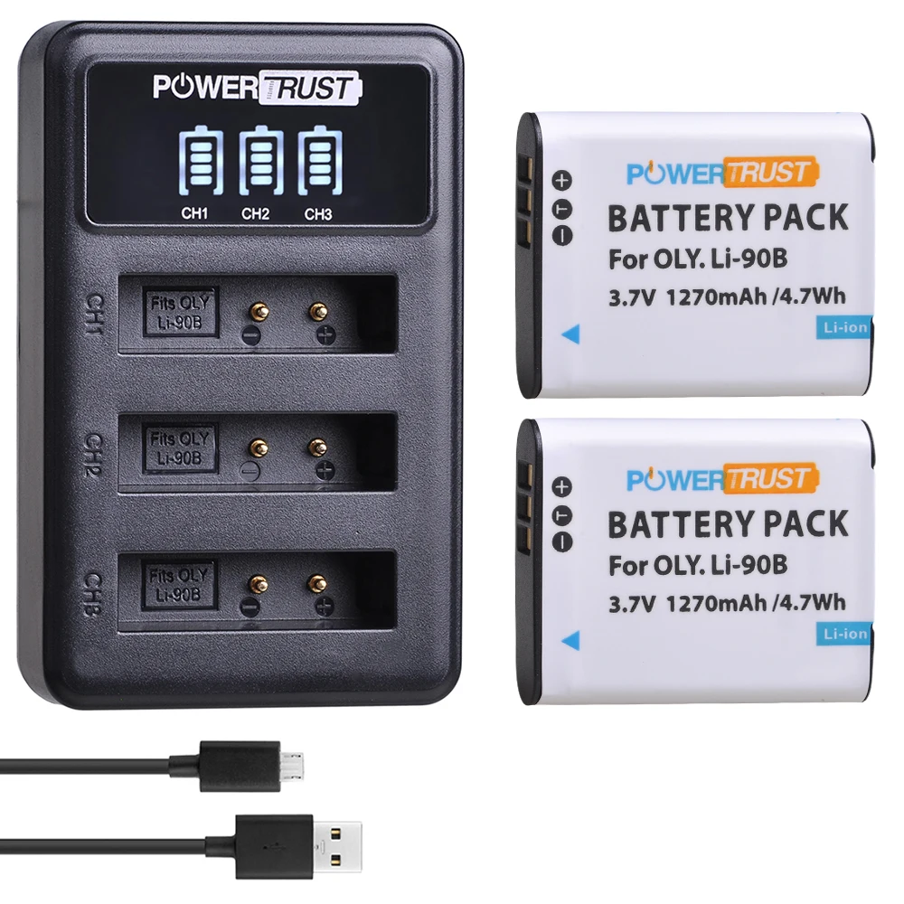 

Powertrust 1270mAh Li-90B LI-92B Battery+LED 3Slot Charger for Olympus Tough TG-6 TG-5 TG-Tracker SH-1 SH-2 SP-100 IHS TG-1 TG-2