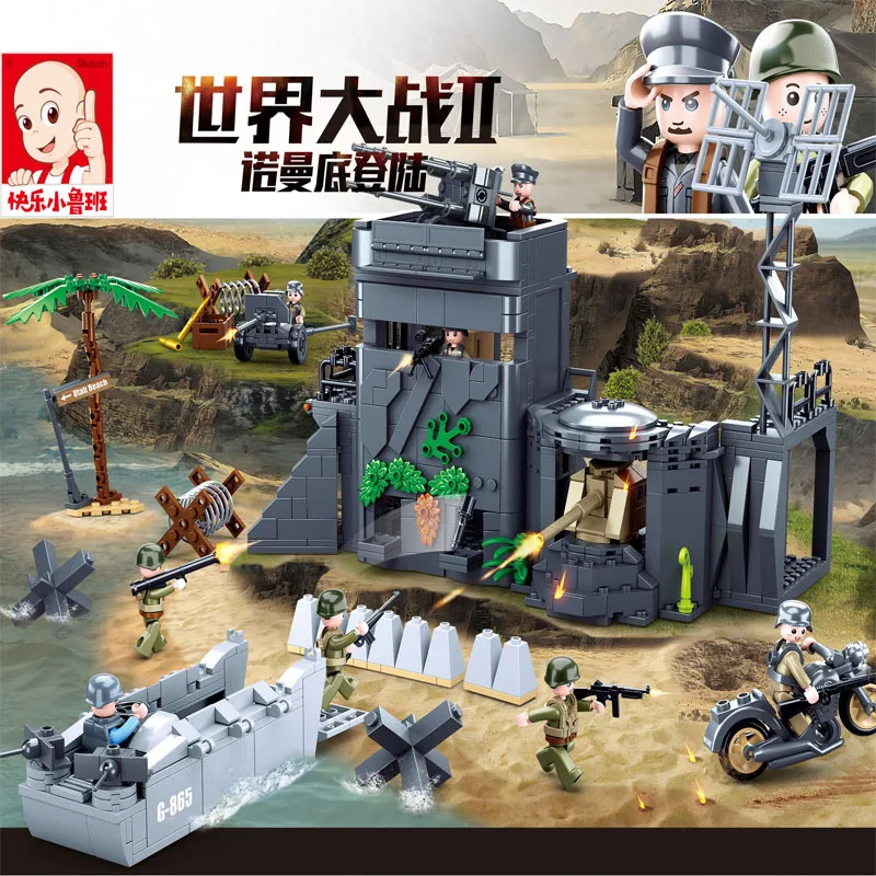 Military German Army Atlantic Fort Bastion MOC Building Blocks Set Weapon War Chariot Soldier WW2 Bricks Classic Model Kids Toys